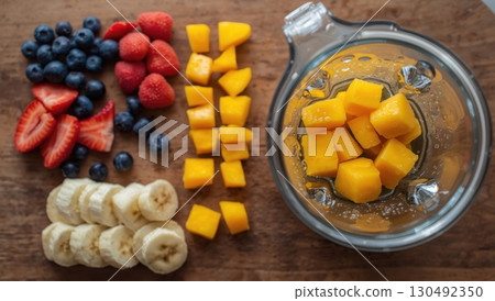 Sliced bananas mixed berries mango cubes wooden board blender jar 130492350
