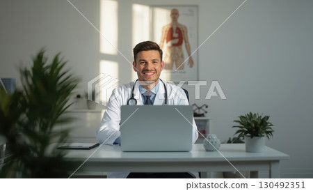 Friendly doctor speaks patient laptop minimalist desk bright home office 130492351