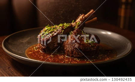 Tender veal ossobuco with creamy polenta in rustic Milanese trattoria setting 130492435