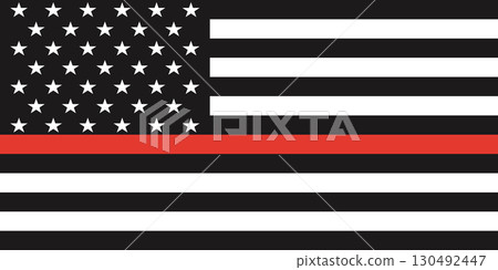 American red line firefighter flag. Red line fire honor and respect law United States enforcement flag. 130492447