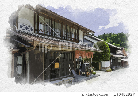 岡山縣高橋市長尾醬油酒鋪水彩風吹屋街景 130492927