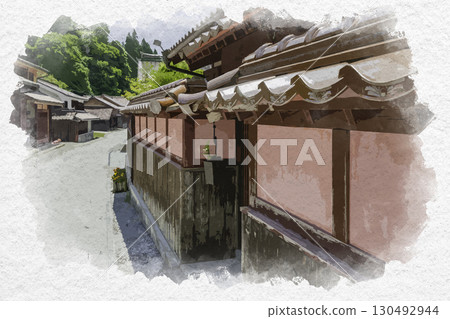 岡山縣高橋市水彩風格的吹屋街道 130492944