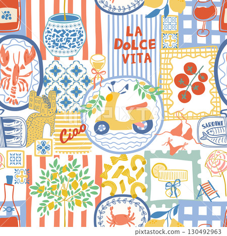 Mediterranean summer collage seamless pattern. Cute vector Italian vacation mosaic wallpaper, la dolce vita print Mediterranean summer collage seamless pattern. Cute vector Italian vacation mosaic wallpaper, la dolce vita print 130492963