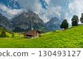 Majestic mountains rise in the background as quaint wooden cabins dot green landscape. A winding path guides a visitor through this serene Swiss alps. Grindelwald Jungfrau Bernese alps Switzerland. 130493127