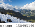 Snow blankets the rocky peaks of the Swiss Alps, contrasting with lush green valleys below. Fluffy clouds drift lazily across a stunning blue sky, creating a picturesque landscape. 130493149