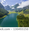 Aerial of beautiful mountain lake Seealpsee in Alps of Switzerland Sunny summer day 130493150