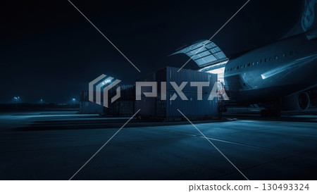 Cargo airplane loaded with shipping containers beneath bright floodlit night sky 130493324