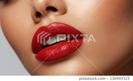 Bold red matte lipstick accentuates full lips with luxurious elegant close-up glamour Bold red matte lipstick accentuates full lips with luxurious elegant close-up glamour 130493325