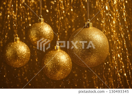 Rotating Golden Christmas Ornaments with Falling Tinsel 130493345
