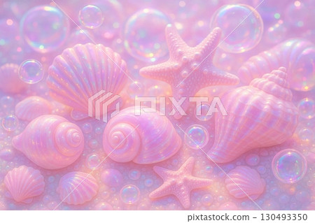 Dreamy Pastel Seashells and Starfish with Iridescent Bubbles Underwater 130493350