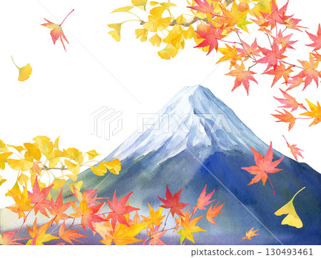 Autumn leaves and Mount Fuji view with a transparent background. Watercolor illustration. 130493461