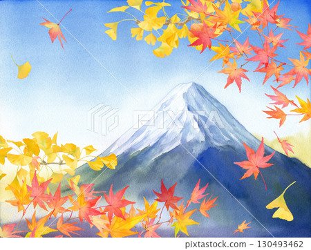 藍天下的秋葉和富士山。水彩插圖。 藍天下的秋葉和富士山。水彩插圖。 130493462