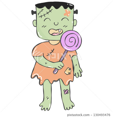 Cute zombie eating candy kawaii doodle hand drawn clipart illustrations  130493476