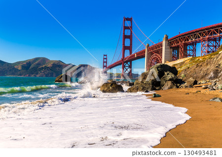 San Francisco Golden Gate Bridge Marshall beach California 130493481