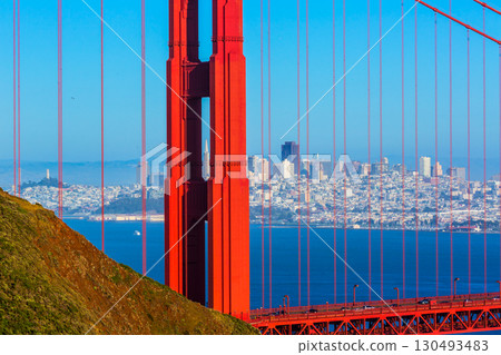 San Francisco Golden Gate Bridge through cables in California 130493483