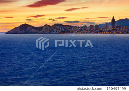 Benidorm Alicante sunset playa de Poniente beach in Spain 130493499