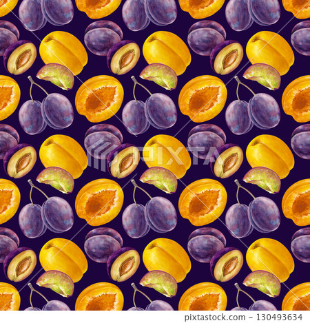 Seamless pattern of hand-painted apricots and plums. Juicy fruits on a dark background. Watercolor illustration. A botanical template for packaging, wallpaper, tableware, and textiles. Seamless pattern of hand-painted apricots and plums. Juicy fruits on a dark background. Watercolor illustration. A botanical template for packaging, wallpaper, tableware, and textiles. 130493634
