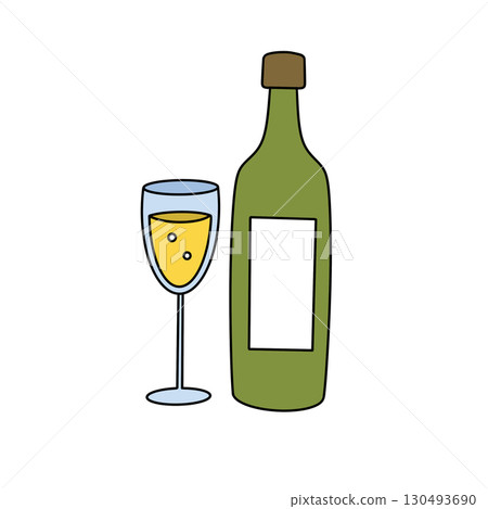 A bottle of wine and a wine glass are shown on a white background 130493690