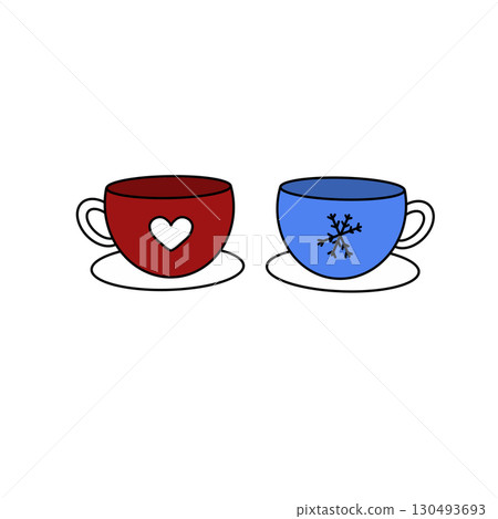 Two cups with hearts and snowflakes on them 130493693