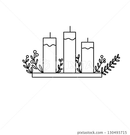 Three candles are lit and surrounded by leaves 130493715