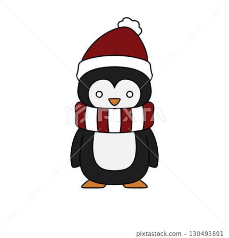 A penguin wearing a red and white scarf and a red hat A penguin wearing a red and white scarf and a red hat 130493891