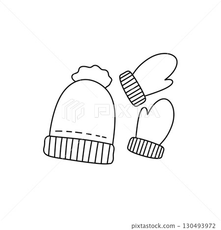 A hat and mittens are drawn in black and white 130493972