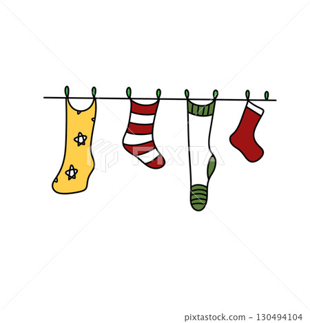 A line of socks hanging on a clothesline, including a yellow dress sock, a red 130494104