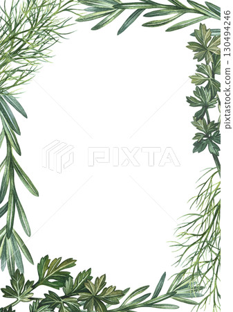 Vertical frame with herbs, rosemary, dill, and parsley. Hand-drawn watercolor illustration. Image of herbs. Perfect for menus, recipe books, packaging, labels, and more. Vertical frame with herbs, rosemary, dill, and parsley. Hand-drawn watercolor illustration. Image of herbs. Perfect for menus, recipe books, packaging, labels, and more. 130494246