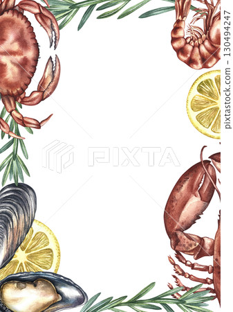 Vertical frame with shellfish, mussels, rosemary, and lemon slices. The illustration is hand-drawn in watercolor. Perfect for menus, recipe books, packaging, labels, and more. 130494247
