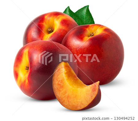 Nectarine peaches with slice and leaf isolated. Nectarine peach and cut and leaf with clipping path. Nectarine peaches with slice and leaf isolated. Nectarine peach and cut and leaf with clipping path. 130494252
