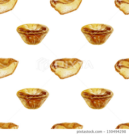 Halved and whole pastel de nata with creamy custard-traditional Portuguese dessert in seamless pattern.Egg custard baked in puff pastry shell at high oven temperature.Watercolor illustration on white 130494298