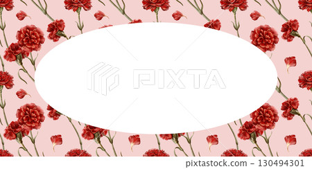Horizontal template seamless pattern on pink,red carnation flower,stems,leaves,petals as a symbol of mothers day,love,passion,valentine's day confessions.Watercolor hand-drawn illustration Horizontal template seamless pattern on pink,red carnation flower,stems,leaves,petals as a symbol of mothers day,love,passion,valentine's day confessions.Watercolor hand-drawn illustration 130494301