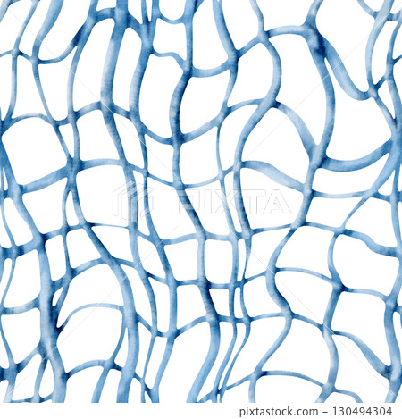 Seamless fishing net pattern in monochrome blue watercolor.Hand-painted with fluid washes and simple style,evoking the ocean.For marine parties,packaging,and coastal design projects 130494304