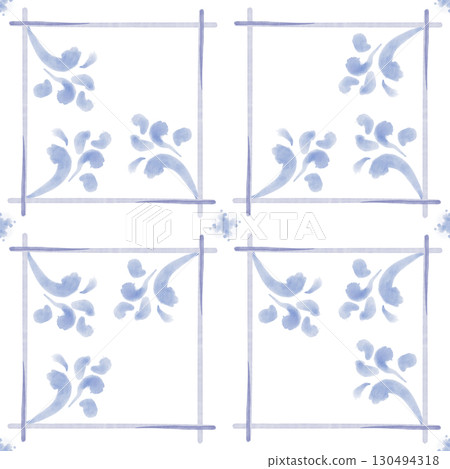 Seamless pattern of grout.Seams of ceramic tile in blue color,imitation ceramic tile.Grid step for background.Watercolor square with hand-drawn stitch marks.Loose textured lines,subtle imperfections 130494318