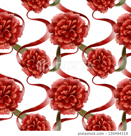 Portuguese revolution of carnations symbols red flower with ribbons colored national flag symbolizing freedom,peaceful change in the nation's life,and democracy.Watercolor hand drawn seamless pattern 130494319