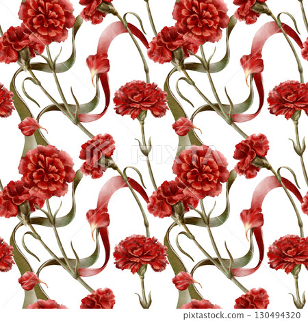 Portuguese revolution of carnations symbols red flower with ribbons colored national flag symbolizing freedom,peaceful change in the nation's life,and democracy.Watercolor hand drawn seamless pattern Portuguese revolution of carnations symbols red flower with ribbons colored national flag symbolizing freedom,peaceful change in the nation's life,and democracy.Watercolor hand drawn seamless pattern 130494320