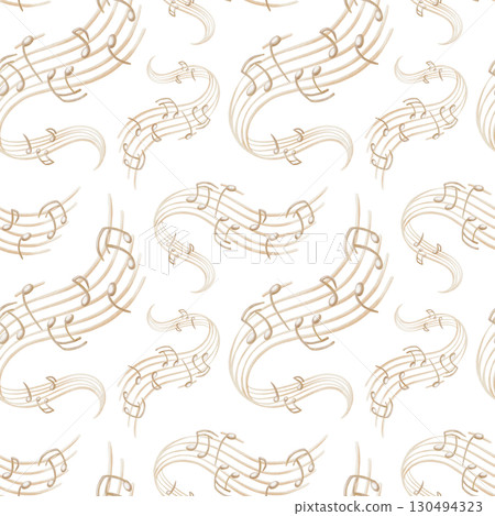 Seamless pattern of music stand with stylized beige-colored notes in a winding composition as a symbol of a song played from a turntable.Hand drawn watercolor illustration on white background Seamless pattern of music stand with stylized beige-colored notes in a winding composition as a symbol of a song played from a turntable.Hand drawn watercolor illustration on white background 130494323