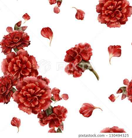 Red carnation flower in seamless pattern as a symbol of mothers day,love,passion,valentine's day confessions. Watercolor hand-drawn illustration in vintage style as element for card,paper 130494325