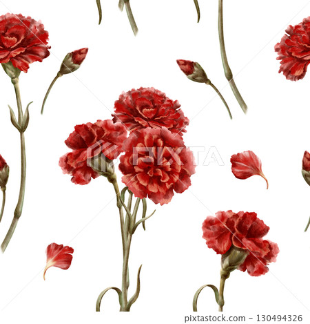 Red carnation flower in seamless pattern as a symbol of mothers day,love,passion,valentine's day confessions. Watercolor hand-drawn illustration in vintage style as element for card,paper 130494326
