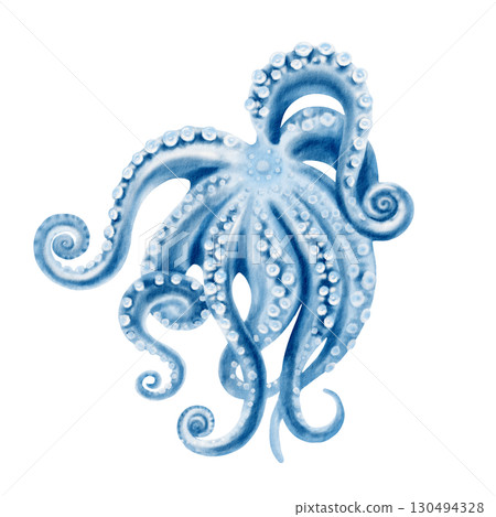 Monochrome blue octopus swims in mysterious deep water.Fluid watercolor illustration in minimalism.For marine themes and design projects.Hand-drawn isolated illustration  130494328