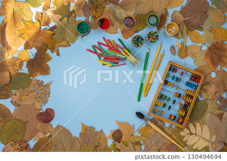 Overhead view workspace old vintage mock up. Education training to gain knowledge. Old vintage Science and education. 130494694