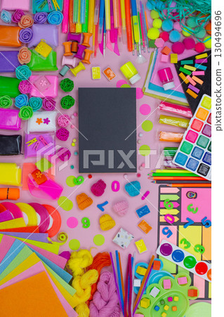 Flat lay trendy stylish stationery. Top view of colorful stationery and art supplies. Space for lettering. Flat lay trendy stylish stationery. Top view of colorful stationery and art supplies. Space for lettering. 130494696