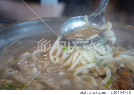 Seafood Kalguksu Noodles with Mixed Seafood, Korean Handmade Noodle Soup 130494758