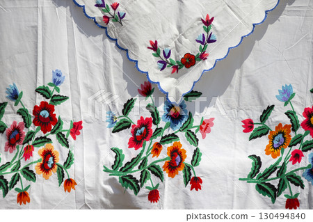 Slavic embroidered towels. National Ukrainian or Belarusian ethnic patterns on the fabric. Slavic embroidered towels. National Ukrainian or Belarusian ethnic patterns on the fabric. 130494840