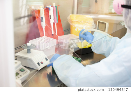 May 31, 2021. Belarus, the city of Gomil. Infectious Diseases Hospital. Doctor laboratory assistant in the infectious diseases laboratory examines the samples. 130494847