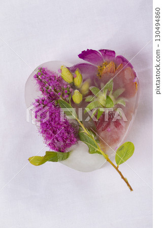 Various flowers in ice cubes. Creative floral background. Frozen beautiful plants. 130494860