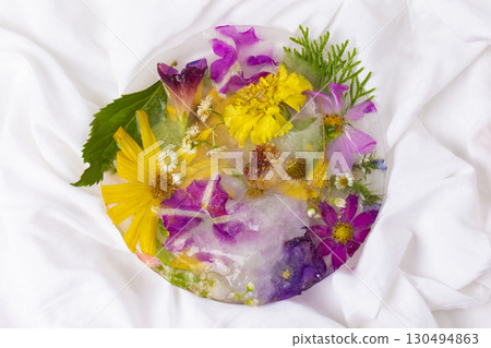 Various flowers in ice cubes. Creative floral background. Frozen beautiful plants. Various flowers in ice cubes. Creative floral background. Frozen beautiful plants. 130494863