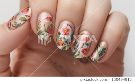 Hand-painted floral nail art with vibrant details on elegant polished nails 130494913