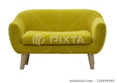 Yellow sofa on wooden legs on a white background. 130494949