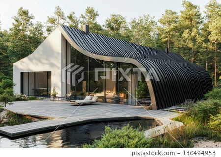 Modern house with a curved black roof and large glass walls. Set in a green pine forest, featuring an outdoor patio, serene pond, and walkway. 130494953